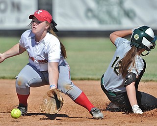 Jeff Lange | The Vindicator  TUE, JUN 14, 2016 - Labrae's Kasey Rininger (left) catches a throw from home as Ursuline's Megan Ross slides safely into second in the first inning of Tuesday's 13th annual Bill Sferra Softball Classic at YSU.