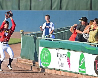 NILES, OHIO - JUNE 18, 2016: Right fielder Mitch Longo #30 of the Scrappers catches a ball in foul ground for the first out in the first inning of Saturday nights game at Eastwood Field. DAVID DERMER | THE VINDICATOR