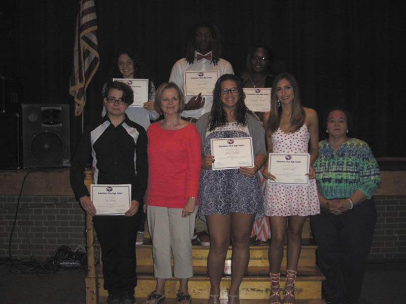 SPECIAL TO THE VINDICATOR
Austintown Alumni Association recently awarded $1,000 scholarships to six members of the 2016 Fitch graduating class. Recipients, in front from left, are Van Blevins; Lynn Larson, AAA president; Julie DelBene; Nicole Sherb; and Marilyn D’Eramo, AAA vice president. In back are Soriya Rezapourian, Bryce Hall and Marquett Samuels. Funds for the awards are made available by donations from alumni and friends of Austintown schools and community support for its annual raffle. Membership in AAA is open to Austintown graduates, staff and friends of Austintown schools. For information call Larson, 330-518-5727, or Patti Griffin, 330-793-4799.