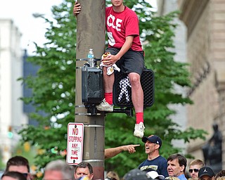 CLEVELAND, OHIO - JUNE 22, 2016: A Cavaliers fan sits on top of a cross walk signal for a better view on the parade route down East 9th street on Wednesday morning before the Cavaliers Championship Parade. DAVID DERMER | THE VINDICATOR