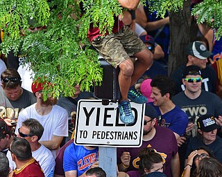 CLEVELAND, OHIO - JUNE 22, 2016: A Cavaliers fan takes a picture on his cell phone while standing on top of a street sign on East 9th Street, Wednesday morning before the Cavaliers championship parade. DAVID DERMER | THE VINDICATOR