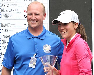 Nikos Frazier | The Vindicator..Sarah Begaj(right), of Toronto, Ontario, Canada shakes Brian Tolner, Mill Creek MetroParks Director of Golf after placing third in the Mill Creek Foundation Junior All-Star.
