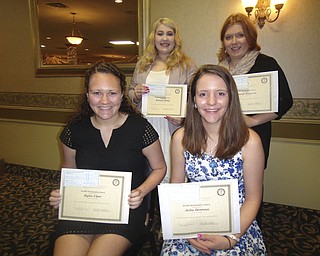 SPECIAL TO THE VINDICATOR
Trumbull Retired Teachers Association announced the 2016 scholarship winners at a recent meeting. Seated from left, are Kylie Cleer and Julia Denman both of Maplewood High School. Standing are Hannah Kibby of Niles and Brandi Kawecki of Girard. Abigail Higgins of Maplewood also received a scholarship. They each received a check and a certificate of recognition.