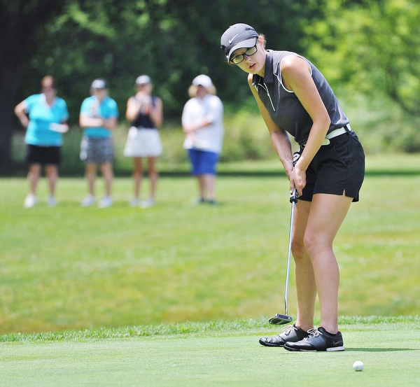 Jeff Lange | The Vindicator  FRI, JUN 24. 2016 - Mathews' Emily Koehler watches her putt on hole No. 2 during a tie breaker against Gillian Cerimele of Canfield during Friday's Greatest Golfer of the Valley Junior competition at Tam O'Shanter Golf Course in Hermitage, Pa.