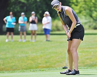Jeff Lange | The Vindicator FRI, JUN 24. 2016 - Mathews' Emily Koehler watches her putt on hole No. 2 during a tie breaker against Gillian Cerimele of Canfield during Friday's Greatest Golfer of the Valley Junior competition at Tam O'Shanter Golf Course in Hermitage, Pa.