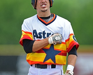 STRUTHERS, OHIO - JUNE 26, 2016: Matt Gibson #24 of Astro celebrates after hitting a three RBI triple in the second inning of Sunday afternoons Bob Cene Tournament Championship game. Astro won 11-1. DAVID DERMER | THE VINDICATOR