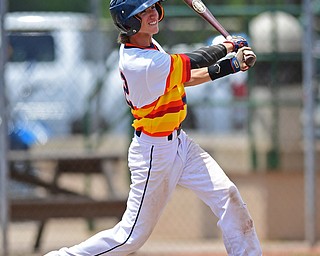 STRUTHERS, OHIO - JUNE 26, 2016: Branden Myers #12 of Astro singles in the third inning of Sunday afternoons Bob Cene Tournament Championship game. Astro won 11-1. DAVID DERMER | THE VINDICATOR