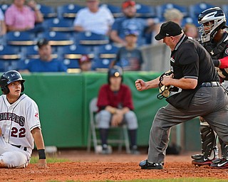 NILES, OHIO - JUNE 27, 2016: Luke Wakamatsu #22 of the Scrappers is called out by home plate umpire James Folske after being tagged by catcher Pablo Garcia #7 of the Muckdogs during the fifth inning of Monday nights game at Eastwood Field. DAVID DERMER | THE VINDICATOR