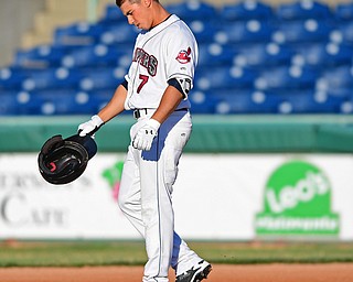 NILES, OHIO - JUNE 27, 2016: Jodd Carter(7) of the Scrappers shows his frustration after flying out to end the first inning of Monday nights game at Eastwood Field. DAVID DERMER | THE VINDICATOR
