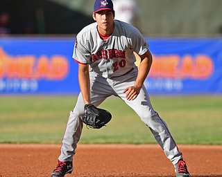 First baseman Ryan Ripkien(20) of the Doubledays stands ready to play the baseball during the first inning of Wednesday nights game at Eastwood Field. DAVID DERMER | THE VINDICATOR