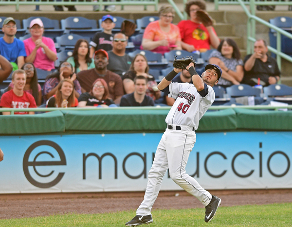 Third baseman Jonathan Laurento(40) of the Scrappers catches a foul ball in the fifth inning in the fifth inning of Wednesday nights game at Eastwood Field. DAVID DERMER | THE VINDICATOR.