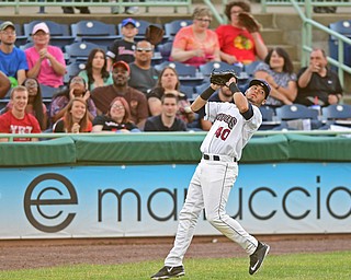 Third baseman Jonathan Laurento(40) of the Scrappers catches a foul ball in the fifth inning in the fifth inning of Wednesday nights game at Eastwood Field. DAVID DERMER | THE VINDICATOR.