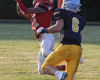 Nikos Frazier | The Vindicator..Ohio's Brandon Mitchell(11) catches a pass as Kurt Reinstadtler(6) lingers behind in the first quarter of the 2016 Battle of the Border at Springfield High School in New Middleton.