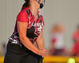 BOARDMAN, OHIO - JUNE 30, 2016: Pitcher Lauren Fitzgerald(32) of Canfield pitches in the first inning of their District 2 softball championship game at the Field of Dreams. DAVID DERMER | THE VINDICATOR