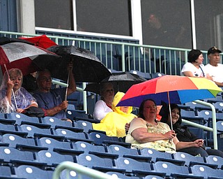 Nikos Frazier | The Vindicator..Scrapper fans take refuge under umbrellas as a light rain delayed the Scrappers from playing the Lake Monsters.
