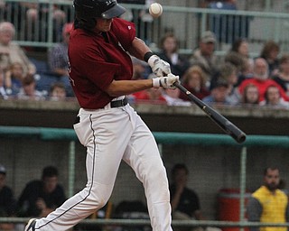 Nikos Frazier | The Vindicator..Scrappers Like Wakamatsu(22) makes contact in the first inning against the Vermont Lake Monsters.