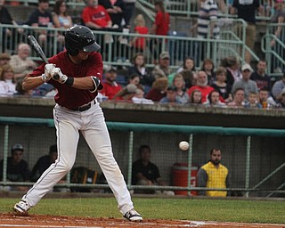 Nikos Frazier | The Vindicator..Scrappers Like Wakamatsu(22) looks down as he swings in the first inning against the Vermont Lake Monsters.