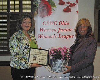 SPECIAL TO THE VINDICATOR
Above is Becky Bucco, left, who was presented with the GFWC Ohio Warren Junior Women’s Club Woman of the Year Award by Mary Lou Jarrett, club president. She was chosen for her work organizing the Flag Bridge Project on King Graves Road in Vienna leading to the Youngstown Air Reserve Station. Below is the league’s scholarship chairman Marsha Croft, left, who presented the Shultz/Mills Scholarship to Michelle Cerny, with Jarrett on her right. The $500 scholarship will help Cerny continue her studies at Kent State University. It is awarded to a nontraditional female student currently enrolled in a local university.
