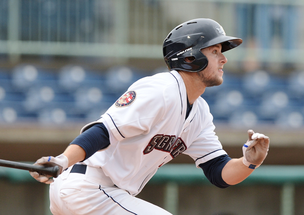 Jeff Lange | The Vindicator  WED, JUL 6, 2016 - Scrappers Andrew Calica watches line drive to second in the bottom of the first inning of Wednesday's game against the Vermont Lakemonsters at Eastwood Field.