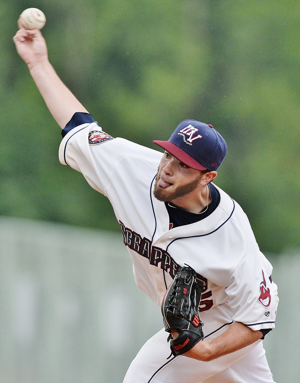 Jeff Lange | The Vindicator  WED, JUL 6, 2016 - Scrappers starting pitcher Aaron Civale delivers a pitch to a Vermont batter in the top of the second inning of Wednesday's game at Eastwood Field in Niles.