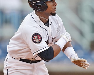 Jeff Lange | The Vindicator  WED, JUL 6, 2016 - Scrappers Erlin Cerda tosses his bat after hitting a single up the middle in the bottom of the second inning of Wednesday's game against the Vermont Lakemonsters at Eastwood Field.