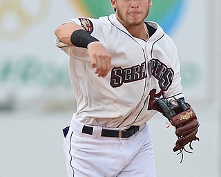 Jeff Lange | The Vindicator  WED, JUL 6, 2016 - Scrappers shortstop Alexis Pantoja makes a throw to first after fielding a ground ball to end the top of the third inning against the Vermont Lakemonsters Wednesday night at Eastwood Field.