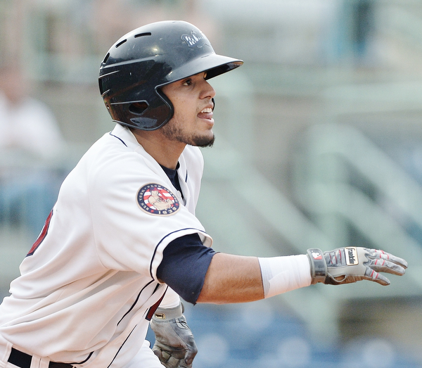 Jeff Lange | The Vindicator  WED, JUL 6, 2016 - Scrappers' Gian Paul Gonzalez watches his fly ball sent down the first baseline in the bottom of the third inning of Wednesday's game against the Vermont Lakemonsters at Eastwood Field.