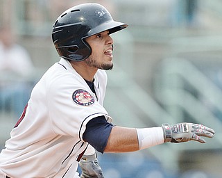 Jeff Lange | The Vindicator  WED, JUL 6, 2016 - Scrappers' Gian Paul Gonzalez watches his fly ball sent down the first baseline in the bottom of the third inning of Wednesday's game against the Vermont Lakemonsters at Eastwood Field.