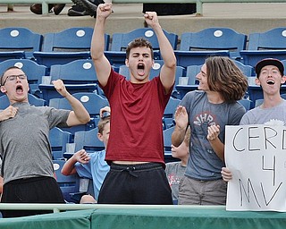 Jeff Lange | The Vindicator  WED, JUL 6, 2016 - Scrappers fans (from left) Mike Brekoski, Antonio D'Amico, Kyle Fiscus and Logan Williams of Howland and Niles chant MVP as Erlin Cerda hits a 2 RBI double in the bottom of the fourth inning to make the score 2-0 over the Vermont Lakemonsters Wednesday night at Eastwood Field.