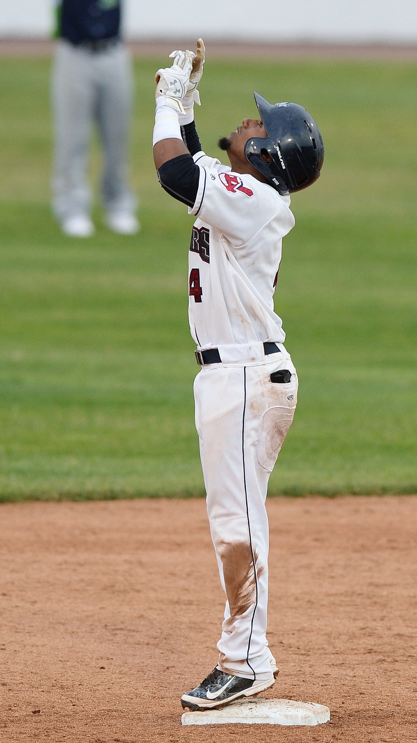Jeff Lange | The Vindicator  WED, JUL 6, 2016 - Scrappers' Erlin Cerda celebrates on second after hitting a 2 RBI double in the fourth inning to make the score 2-0 over Vermont Wednesday night at Eastwood Field.