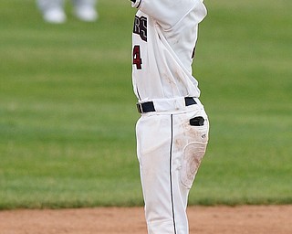 Jeff Lange | The Vindicator  WED, JUL 6, 2016 - Scrappers' Erlin Cerda celebrates on second after hitting a 2 RBI double in the fourth inning to make the score 2-0 over Vermont Wednesday night at Eastwood Field.