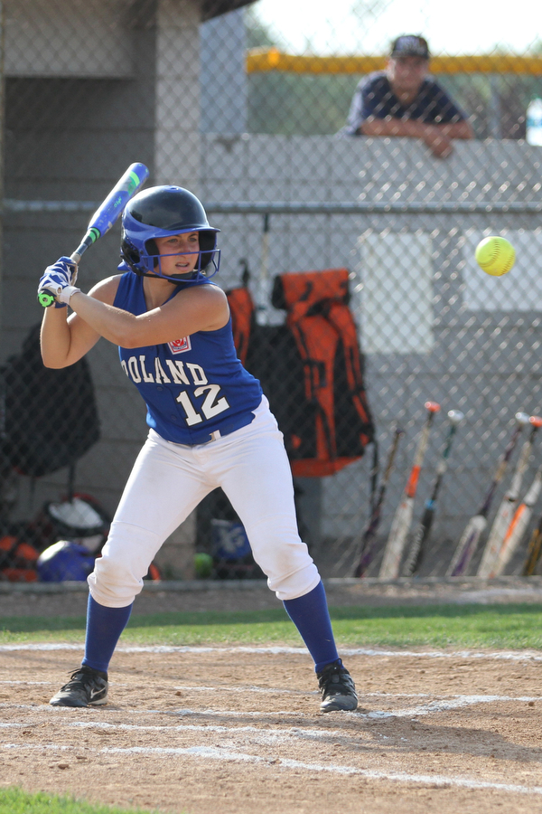 Nikos Frazier | The Vindicator..Poland batter, Camryn Latttanzio(12) watches as a ball sails towards her in the Junior League district title game, at the Field of Dreams in Boardman.