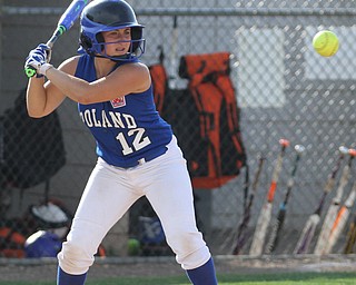 Nikos Frazier | The Vindicator..Poland batter, Camryn Latttanzio(12) watches as a ball sails towards her in the Junior League district title game, at the Field of Dreams in Boardman.