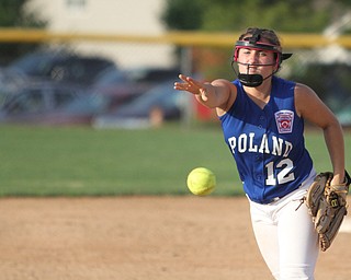 Nikos Frazier | The Vindicator..Poland's Camryn Latttanzio(12) pitches in the Junior League district title game at the Field of Dreams in Boardman.
