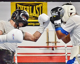 Jeff Lange | The Vindicator SAT, JUL 9, 2016 - Jake Giuriceo (left) uppercuts Popo Salinas during a sparring match while training at the gym on Market Street on Saturday, July 9, 2016.