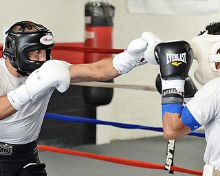 Jeff Lange | The Vindicator  SAT, JUL 9, 2016 - Jake Giuriceo (left) looks to land a punch on Popo Salinas during a sparring match while training at the gym on Market Street on Saturday, July 9, 2016.
