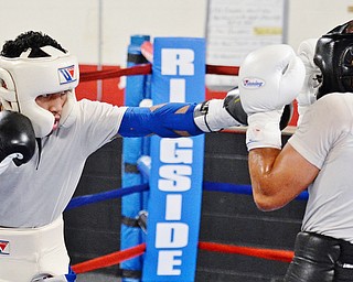 Jeff Lange | The Vindicator SAT, JUL 9, 2016 - Popo Salinas (left) lands a punch on Jake Giuriceo during a sparring match while training at the gym on Market Street on Saturday, July 9, 2016.