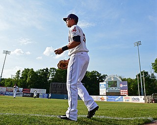 NILES, OHIO - JULY 11, 2016: Michael Brantley #23 of the Scrappers warms up with a game of catch with a teammate before Monday nights game against the Tri-City ValleyCats at Eastwood Field. DAVID DERMER | THE VINDICATOR