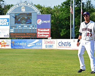NILES, OHIO - JULY 11, 2016: Michael Brantley #23 of the Scrappers warms up in the outfield before Monday nights game against the Tri-City ValleyCats at Eastwood Field. DAVID DERMER | THE VINDICATOR