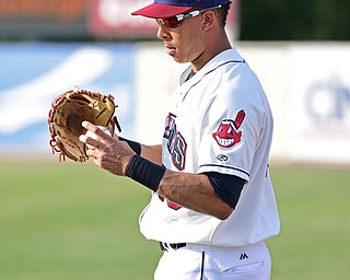 NILES, OHIO - JULY 11, 2016: Michael Brantley #23 of the Scrappers warms up with a game of catch with a teammate before Monday nights game against the Tri-City ValleyCats at Eastwood Field. DAVID DERMER | THE VINDICATOR
