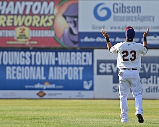 NILES, OHIO - JULY 11, 2016: Michael Brantley #23 of the Scrappers goes through his pregame ritual in the outfield before Monday nights game against the Tri-City ValleyCats at Eastwood Field. DAVID DERMER | THE VINDICATOR