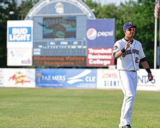 NILES, OHIO - JULY 11, 2016: Michael Brantley #23 of the Scrappers waves to the fans as they cheer for him while he warms up before Monday nights game against the Tri-City ValleyCats at Eastwood Field. DAVID DERMER | THE VINDICATOR