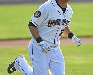 NILES, OHIO - JULY 11, 2016: Michael Brantley #23 of the Scrappers jogs to first after a walk in the first inning of Monday nights game against the Tri-City ValleyCats at Eastwood Field. DAVID DERMER | THE VINDICATOR