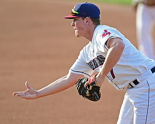 NILES, OHIO - JULY 11, 2016: First baseman Nate Winfrey #17 of the Scrappers flips the ball to the pitcher Luis Jimenez to force out Ronnie Dawson #44 of the ValleyCats grounded out in the second inning of Monday nights game at Eastwood Field. DAVID DERMER | THE VINDICATOR