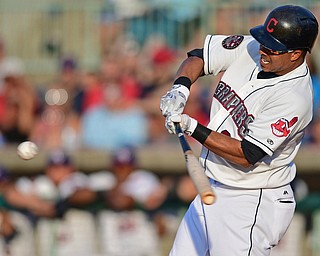 NILES, OHIO - JULY 11, 2016: Michael Brantley #23 of the Scrappers pops out to center with he base loaded during his at bat in the second inning of Monday nights game at Eastwood Field. DAVID DERMER | THE VINDICATOR