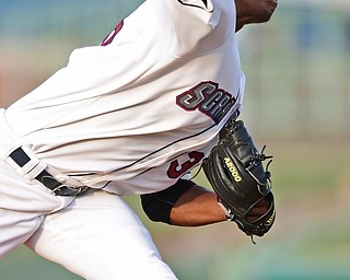 NILES, OHIO - JULY 11, 2016: Starting pitcher Luis Jimenez #38 of the Scrappers delivers in the third inning of Monday nights game at Eastwood Field. DAVID DERMER | THE VINDICATOR