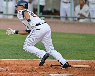 NILES, OHIO - JULY 11, 2016: Michael Brantley #23 of the Scrappers sprints out of the batters box after a infield single in the fourth inning of Monday nights game at Eastwood Field. DAVID DERMER | THE VINDICATOR