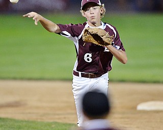 Jeff Lange | The Vindicator  MON, JUL 11, 2016 - Boardman's Sean O'Horo (6) makes a throw to first to end the first inning of Monday's game against Canfield at Field of Dreams in Boardman.