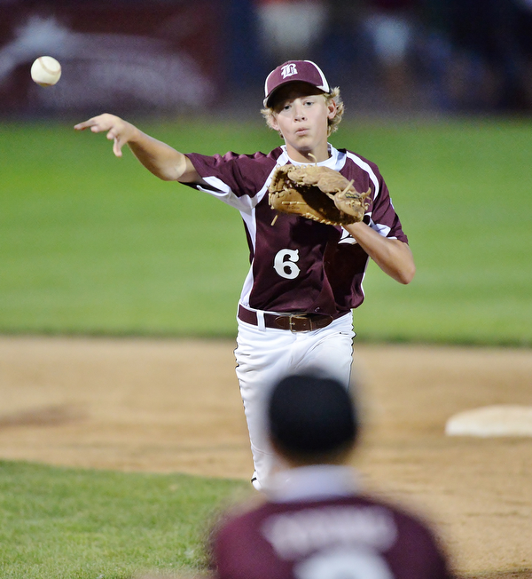 Jeff Lange | The Vindicator  MON, JUL 11, 2016 - Boardman's Sean O'Horo (6) makes a throw to first to end the first inning of Monday's game against Canfield at Field of Dreams in Boardman.