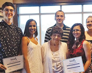 SPECIAL TO THE VINDICATOR
Diabetes Partnership of the Mahoning Valley awarded its first annual Jean Rider Scholarships at a meeting June 27 at the Stonebridge Grille in Boardman. The recipients are, from left, Travis Jones, Boardman High School; Celine Hildack, Campbell Memorial; Tucker Widlicka, United; Taylor Valerio, Campbell Memorial; and Olivia Kochunas, Champion. Jean Rider, center, is a board member of the Partnership and the scholarship is named to honor her advocacy for the diabetic community and service to the partnership. The Partnership is a non-profit organization which works through The Community Foundation of the Mahoning Valley to support diabetics and their caregivers. Ankle and Foot Care Center is a major supporter of the Partnership and will host a golf outing at Pine Lakes Golf Club on Aug. 19. The event is open to the public and groups may register by calling the Center at 330-629-8800. The Partnership also will have a booth in the medical building at the Canfield Fair.
